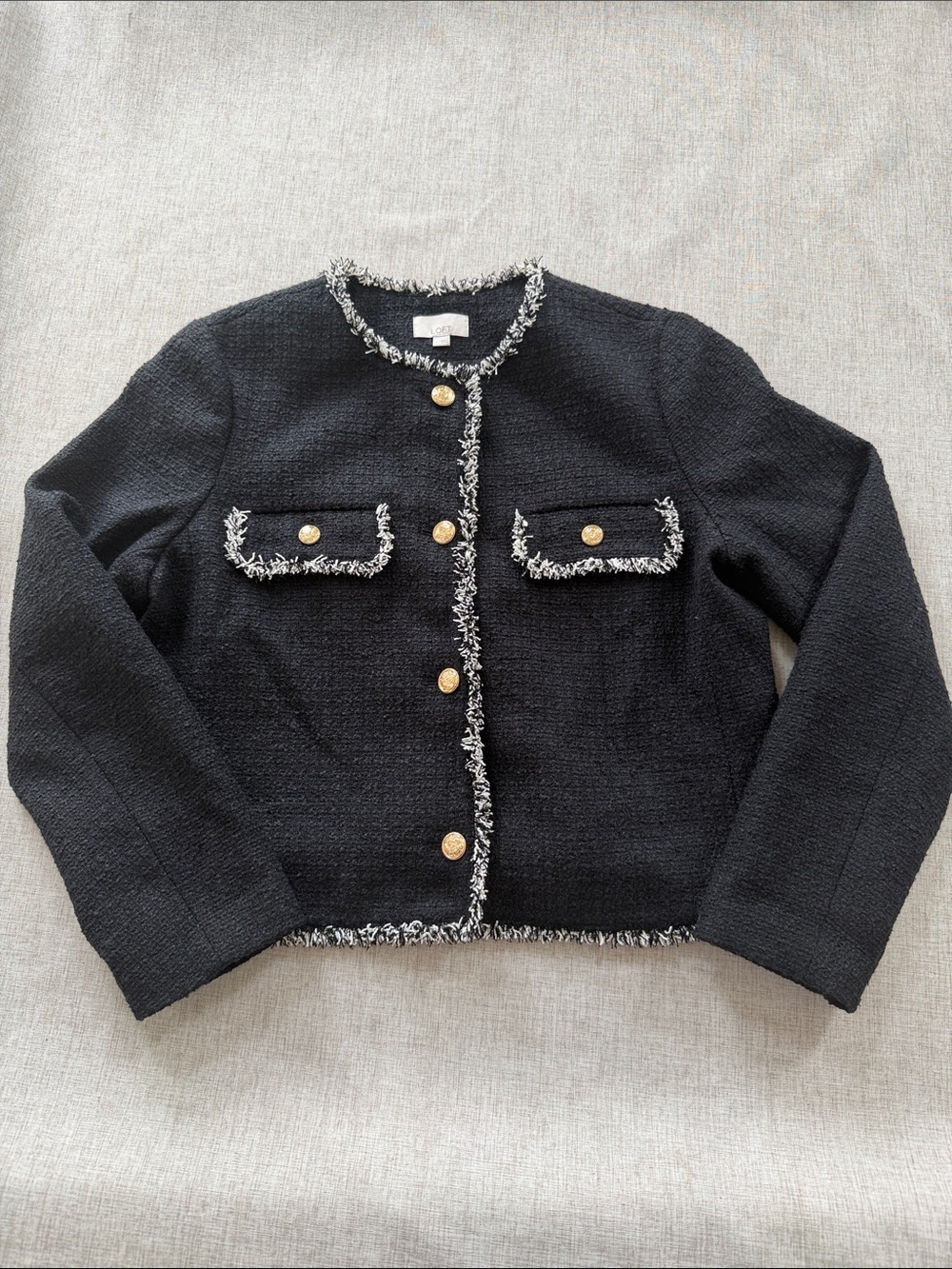 LOFT Tweed Jacket Women’s Large Black Textured Cropped Contrast Fringe Trim